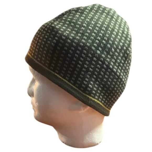 Jytte Wool Knit Beanie Winter Hat Green w Yellow Strip on Band Ski Snowboard - Picture 2 of 7